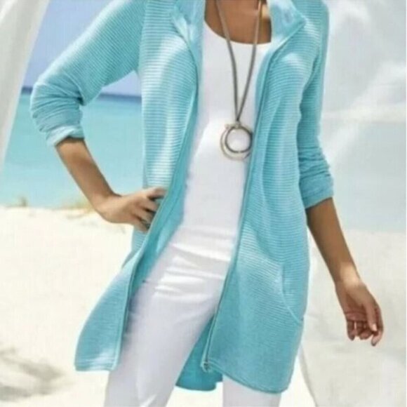 Soft Surroundings Cardigan Sweater Womens Large Teal Blue Corcovado Longline - Picture 1 of 7